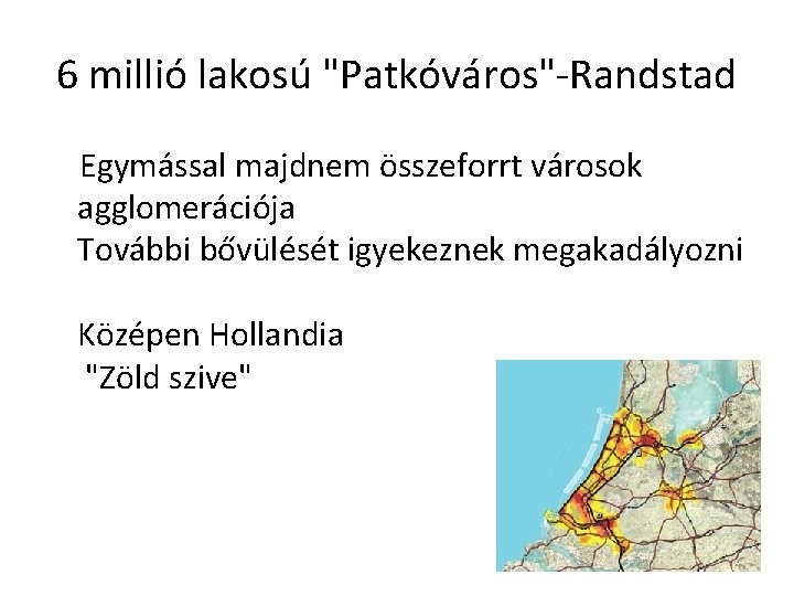 6 millió lakosú "Patkóváros"-Randstad Egymással majdnem összeforrt városok agglomerációja További bővülését igyekeznek megakadályozni Középen