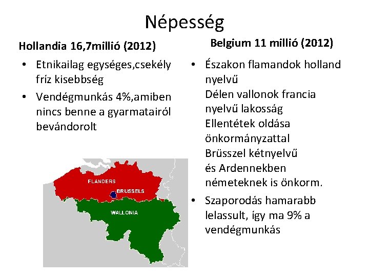 Népesség Hollandia 16, 7 millió (2012) • Etnikailag egységes, csekély fríz kisebbség • Vendégmunkás