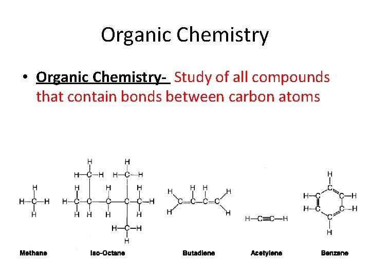 Organic Chemistry • Organic Chemistry- Study of all compounds that contain bonds between carbon