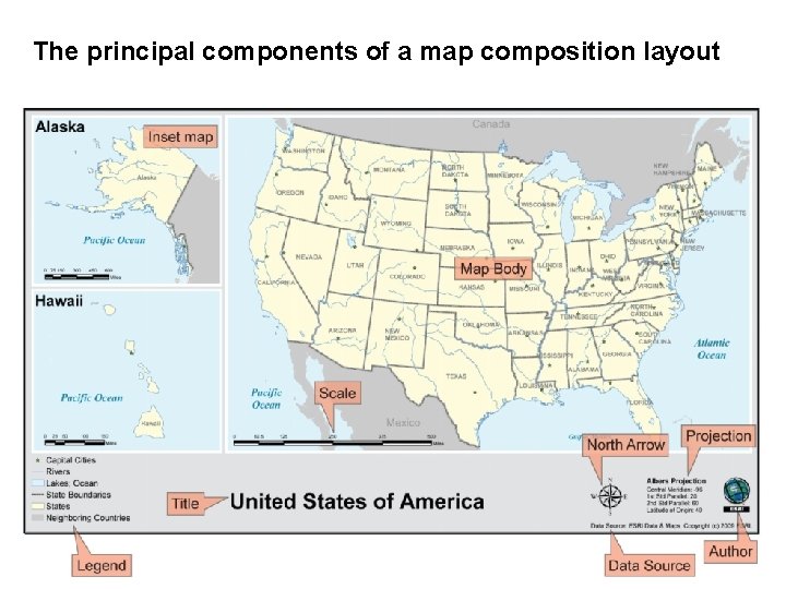 The principal components of a map composition layout 