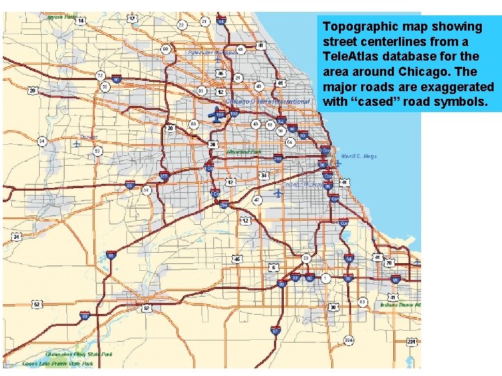 Topographic map showing street centerlines from a Tele. Atlas database for the area around