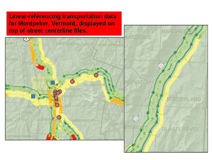 Linear-referencing transportation data for Montpelier, Vermont, displayed on top of street centerline files. 