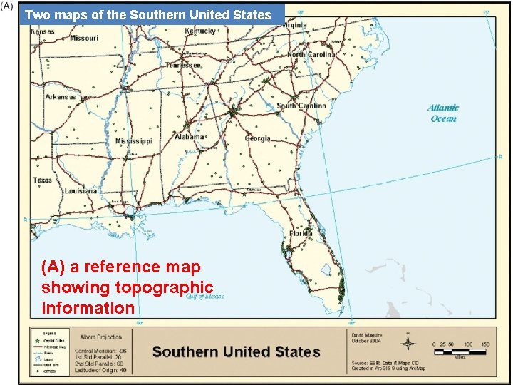 Two maps of the Southern United States (A) a reference map showing topographic information