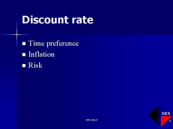 Discount rate Time preference n Inflation n Risk n NES MM 2006/7 19 
