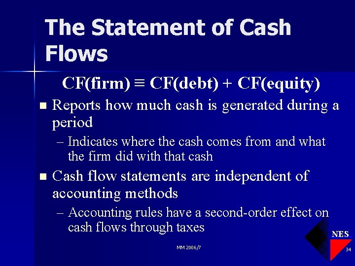 The Statement of Cash Flows CF(firm) ≡ CF(debt) + CF(equity) n Reports how much