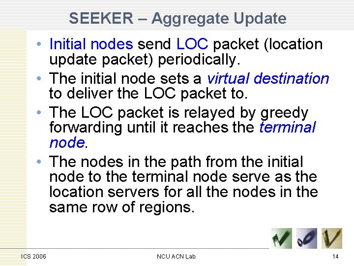 SEEKER – Aggregate Update • Initial nodes send LOC packet (location update packet) periodically.