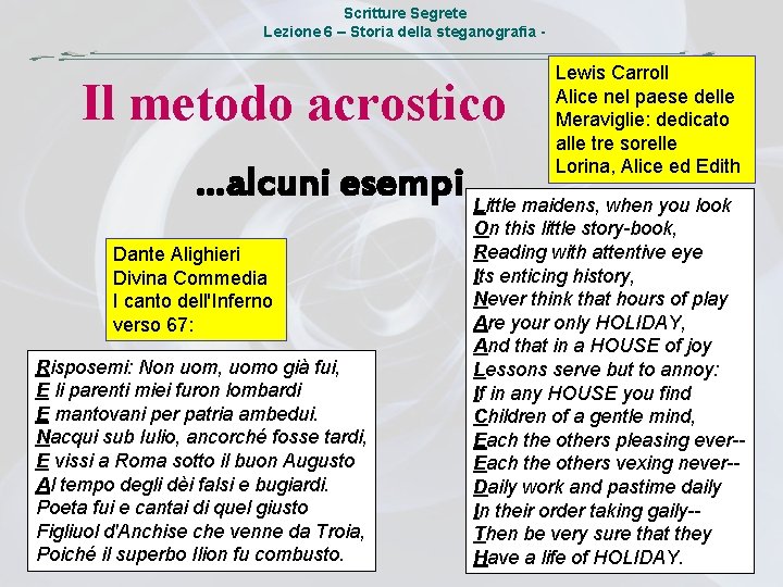 Scritture Segrete Lezione 6 – Storia della steganografia - Il metodo acrostico Lewis Carroll