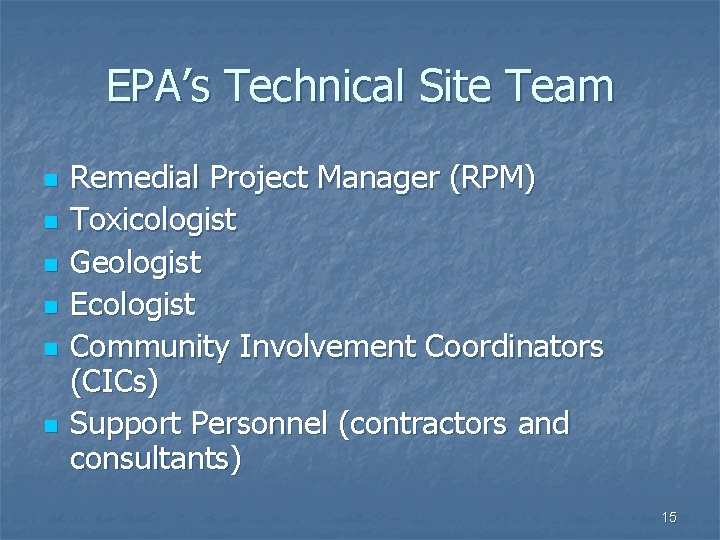 EPA’s Technical Site Team n n n Remedial Project Manager (RPM) Toxicologist Geologist Ecologist