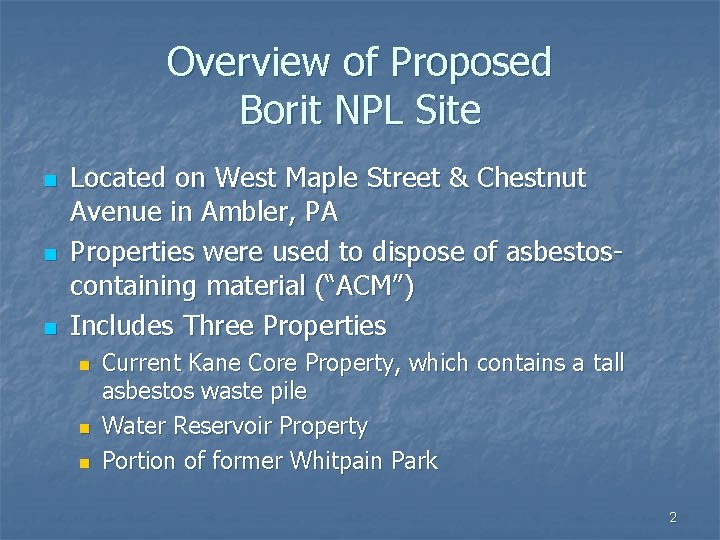 Overview of Proposed Borit NPL Site n n n Located on West Maple Street