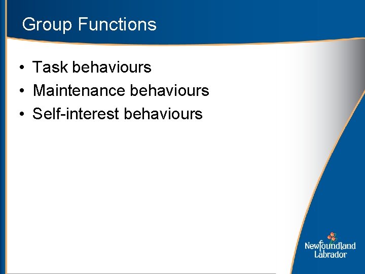 Group Functions • Task behaviours • Maintenance behaviours • Self-interest behaviours 