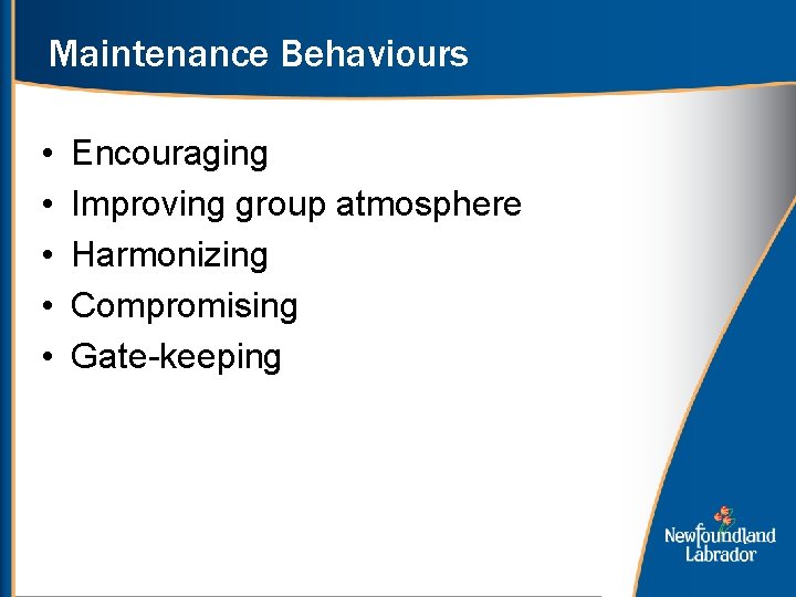 Maintenance Behaviours • • • Encouraging Improving group atmosphere Harmonizing Compromising Gate-keeping 