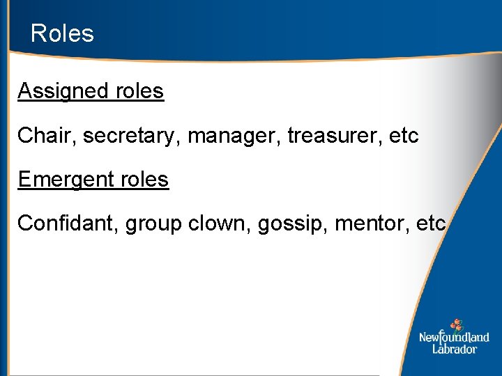 Roles Assigned roles Chair, secretary, manager, treasurer, etc Emergent roles Confidant, group clown, gossip,