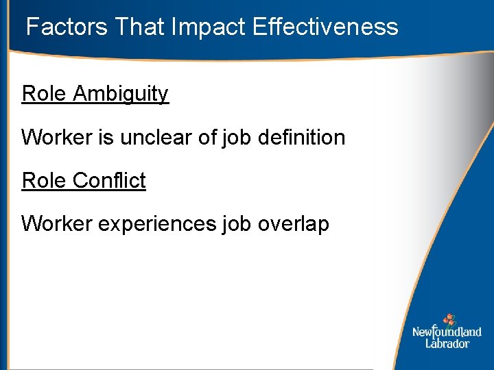 Factors That Impact Effectiveness Role Ambiguity Worker is unclear of job definition Role Conflict