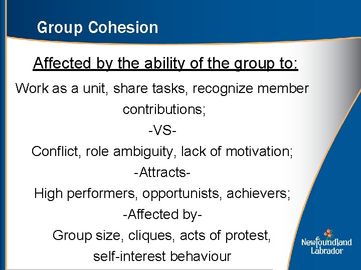 Group Cohesion Affected by the ability of the group to: Work as a unit,