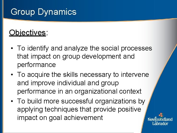 Group Dynamics Objectives: • To identify and analyze the social processes that impact on