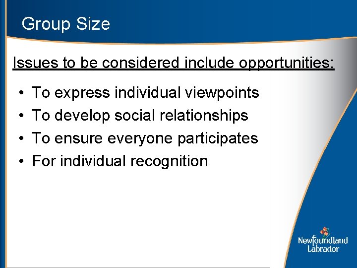 Group Size Issues to be considered include opportunities: • • To express individual viewpoints