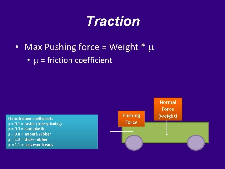 Traction • Max Pushing force = Weight * m • m = friction coefficient