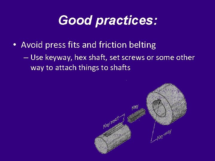 Good practices: • Avoid press fits and friction belting – Use keyway, hex shaft,