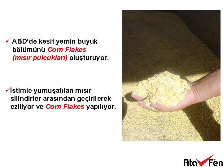 ü ABD’de kesif yemin büyük bölümünü Corn Flakes (mısır pulcukları) oluşturuyor. üİstimle yumuşatılan mısır