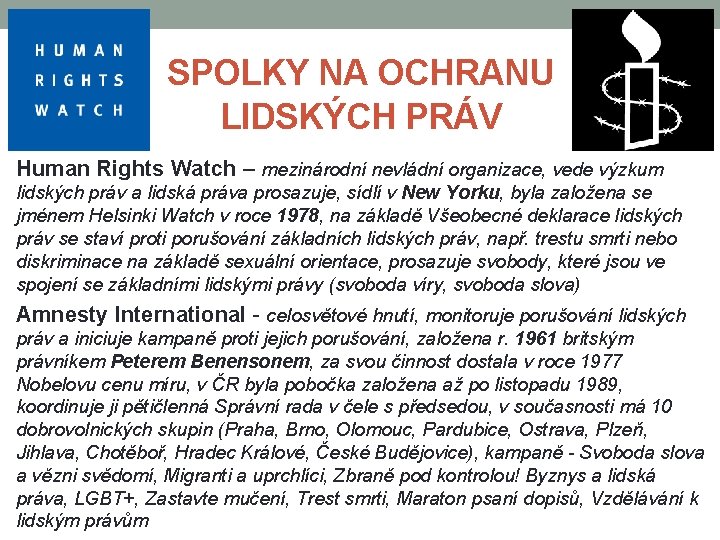 SPOLKY NA OCHRANU LIDSKÝCH PRÁV Human Rights Watch – mezinárodní nevládní organizace, vede výzkum