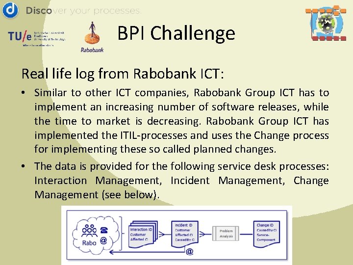 BPI Challenge Real life log from Rabobank ICT: • Similar to other ICT companies,