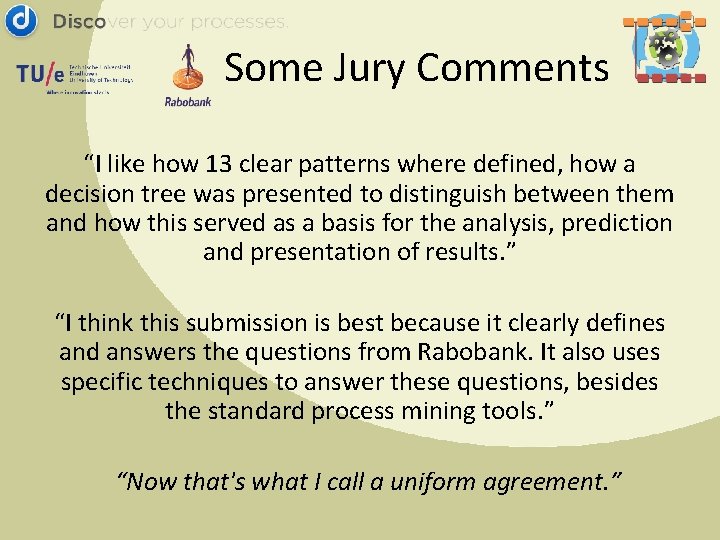 Some Jury Comments “I like how 13 clear patterns where defined, how a decision
