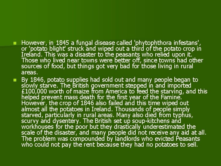 However, in 1845 a fungal disease called 'phytophthora infestans', or 'potato blight' struck and