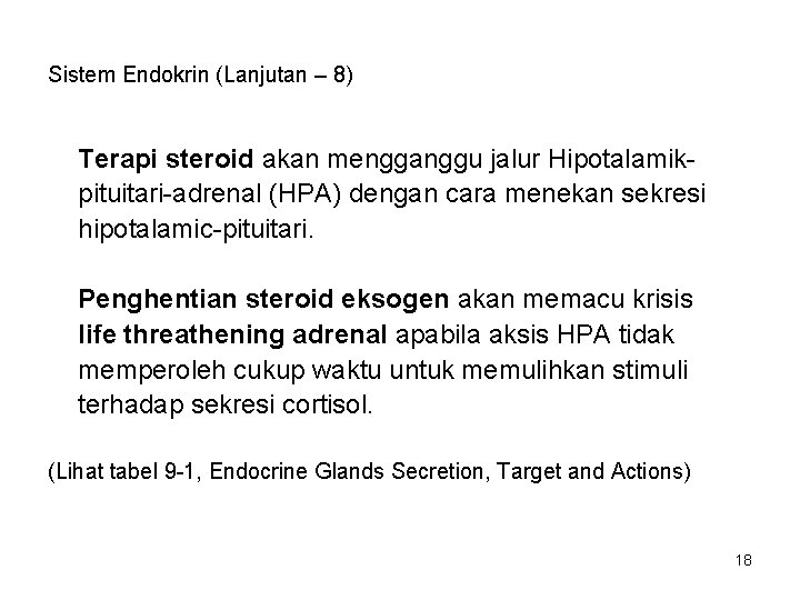 Sistem Endokrin (Lanjutan – 8) Terapi steroid akan mengganggu jalur Hipotalamikpituitari-adrenal (HPA) dengan cara