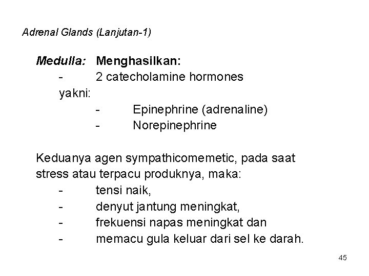Adrenal Glands (Lanjutan-1) Medulla: Menghasilkan: 2 catecholamine hormones yakni: Epinephrine (adrenaline) Norepinephrine Keduanya agen