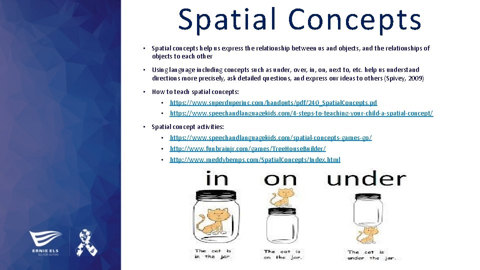 Spatial Concepts • Spatial concepts help us express the relationship between us and objects,