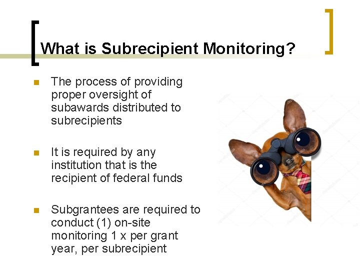 What is Subrecipient Monitoring? n The process of providing proper oversight of subawards distributed