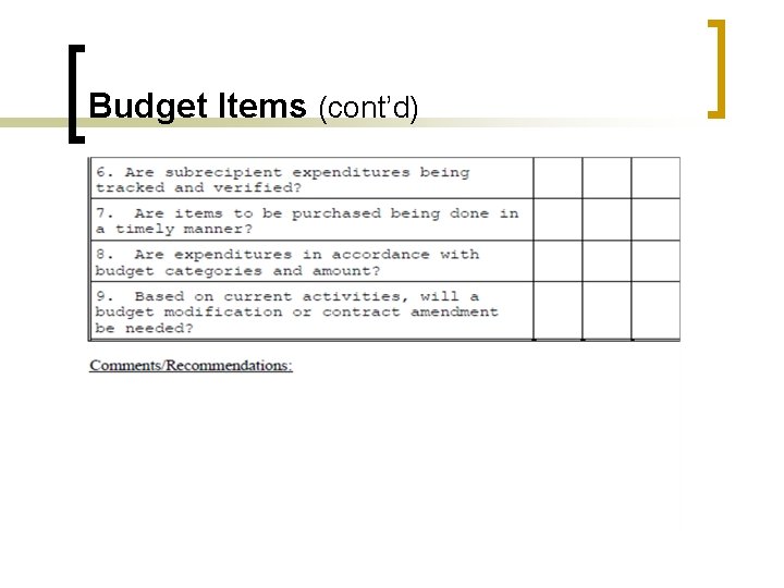 Budget Items (cont’d) 