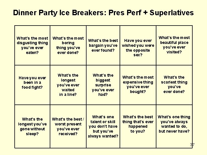 Dinner Party Ice Breakers: Pres Perf + Superlatives What’s the most What’s the best