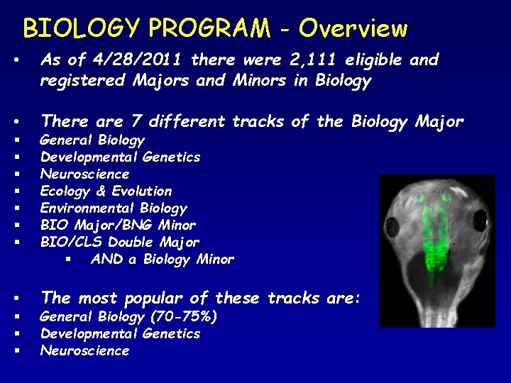 BIOLOGY PROGRAM - Overview • As of 4/28/2011 there were 2, 111 eligible and