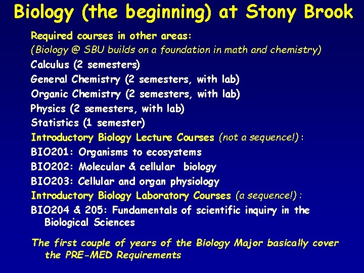 Biology (the beginning) at Stony Brook Required courses in other areas: (Biology @ SBU