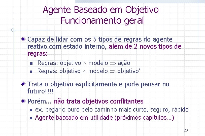 Agente Baseado em Objetivo Funcionamento geral Capaz de lidar com os 5 tipos de