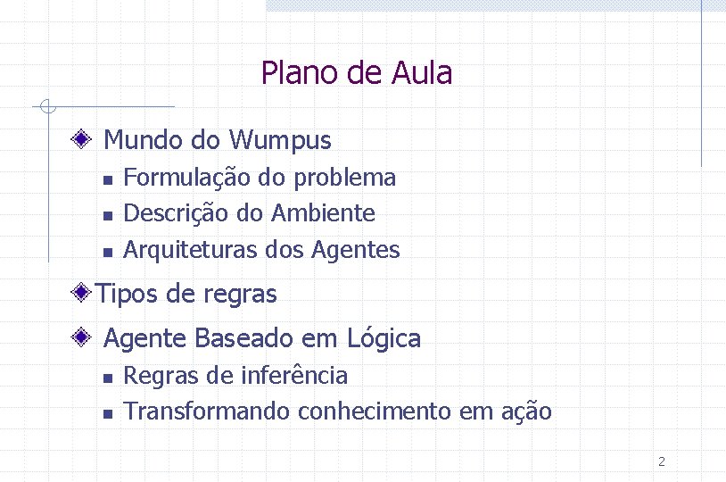 Plano de Aula Mundo do Wumpus n n n Formulação do problema Descrição do