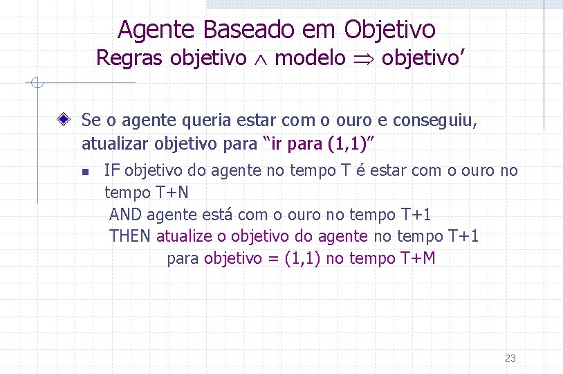 Agente Baseado em Objetivo Regras objetivo modelo objetivo’ Se o agente queria estar com