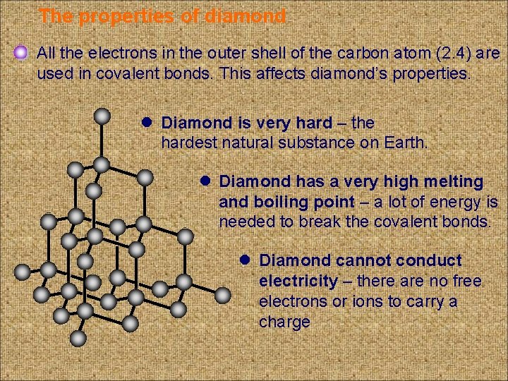 The properties of diamond All the electrons in the outer shell of the carbon
