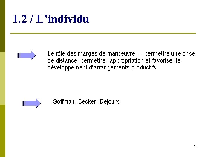 1. 2 / L’individu Le rôle des marges de manœuvre … permettre une prise