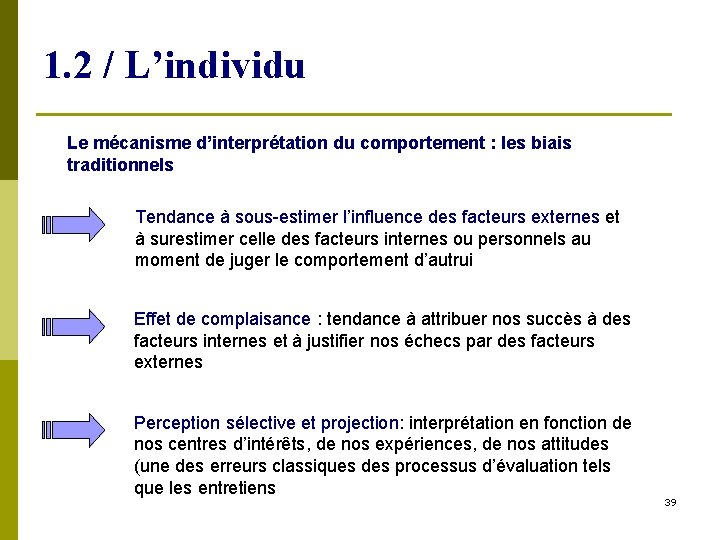 1. 2 / L’individu Le mécanisme d’interprétation du comportement : les biais traditionnels Tendance