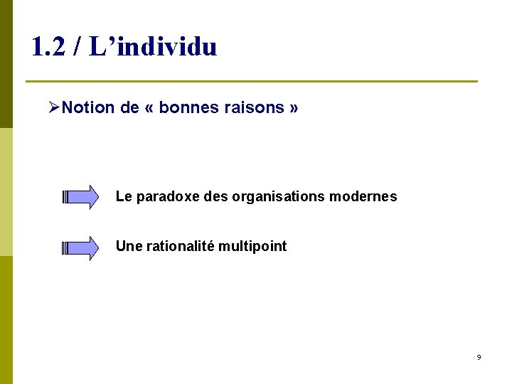 1. 2 / L’individu Notion de « bonnes raisons » Le paradoxe des organisations