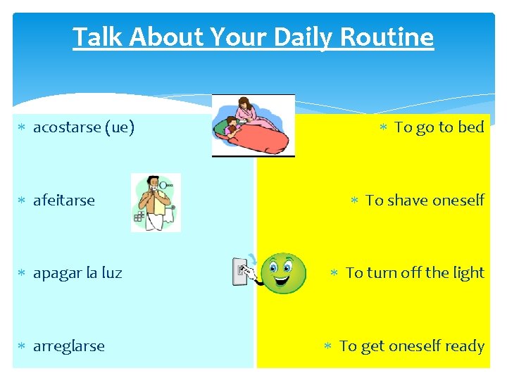 Talk About Your Daily Routine acostarse (ue) afeitarse apagar la luz arreglarse To go