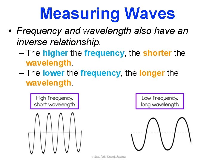 Measuring Waves • Frequency and wavelength also have an inverse relationship. – The higher