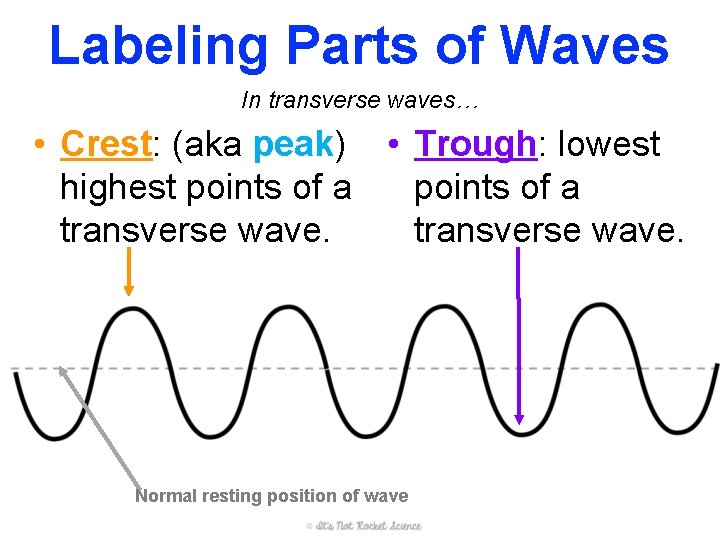 Labeling Parts of Waves In transverse waves… • Crest: (aka peak) • Trough: lowest