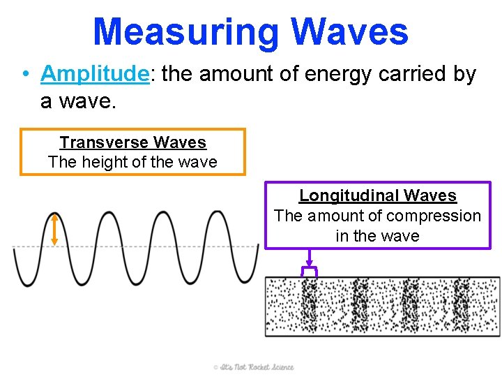 Measuring Waves • Amplitude: the amount of energy carried by a wave. Transverse Waves Measuring Waves • Amplitude: the amount of energy carried by a wave. Transverse Waves