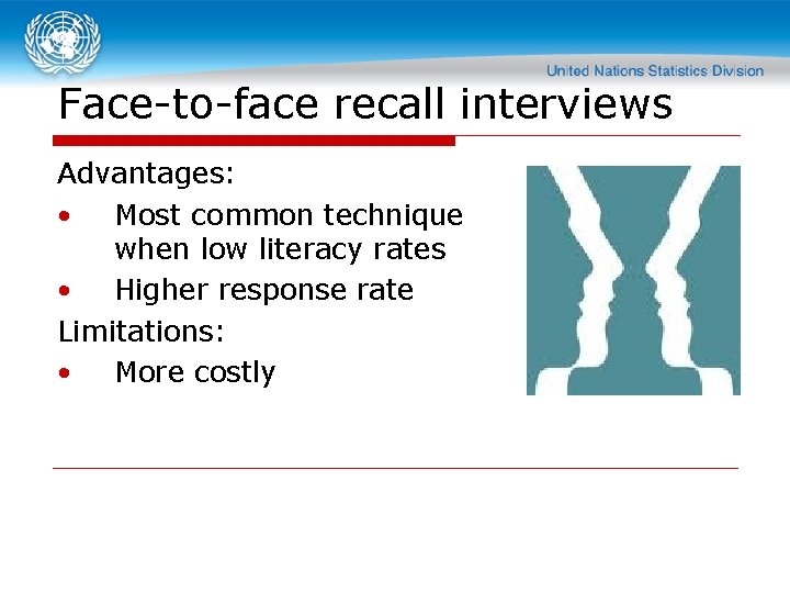 Face-to-face recall interviews Advantages: • Most common technique when low literacy rates • Higher