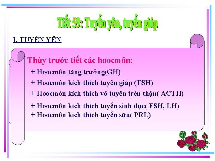 I. TUYẾN YÊN Thùy trước tiết các hoocmôn: + Hoocmôn tăng trưởng(GH) Em hãy