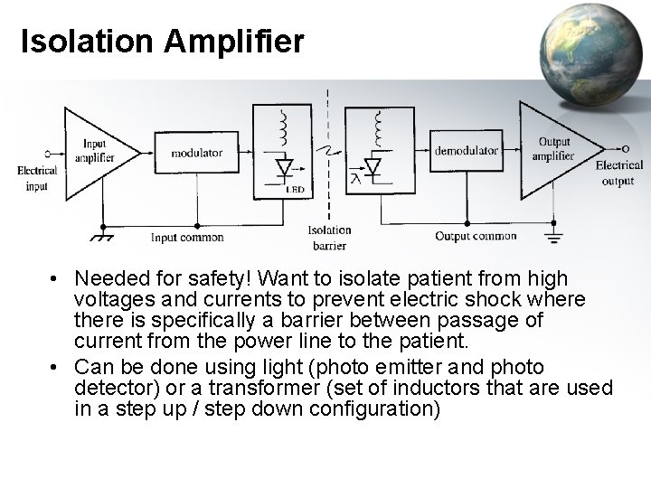 Isolation Amplifier • Needed for safety! Want to isolate patient from high voltages and