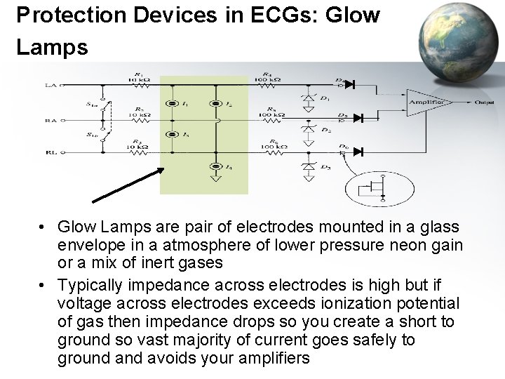 Protection Devices in ECGs: Glow Lamps • Glow Lamps are pair of electrodes mounted